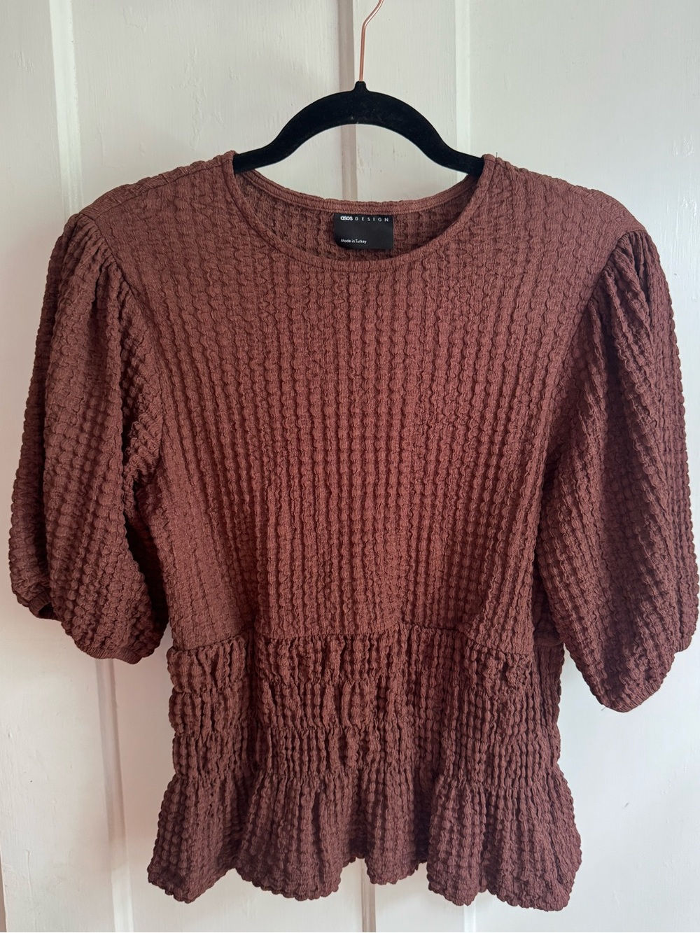 ASOS DESIGN textured cinch waist puff sleeve top in brown